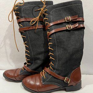 Womens Denim Knee High Boots Block Low Heels Round Toe Lace Up Buckle Shoes Hot